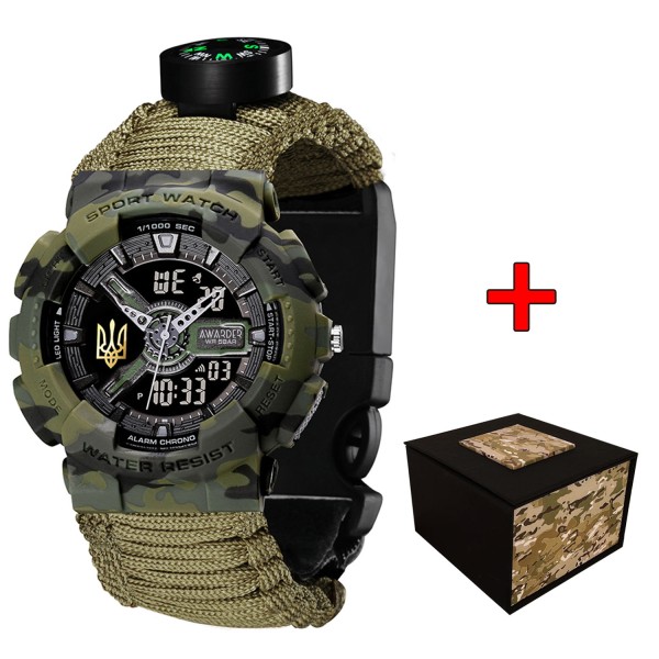 Мужские тактические часы Awarder 005P Тризуб Camo Green с паракордовым ремешком и компасом