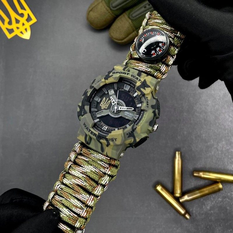 Мужские тактические часы Awarder 005P Тризуб золото Camo Green с паракордовым ремешком и компасом