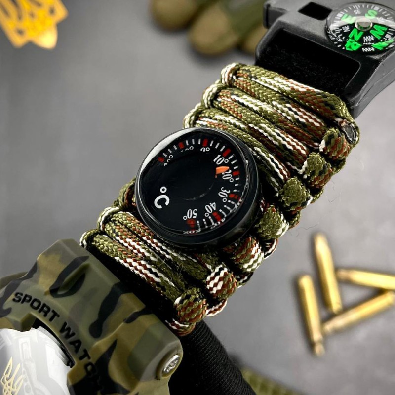 Мужские тактические часы Awarder 005P Тризуб золото Camo Green с паракордовым ремешком и компасом