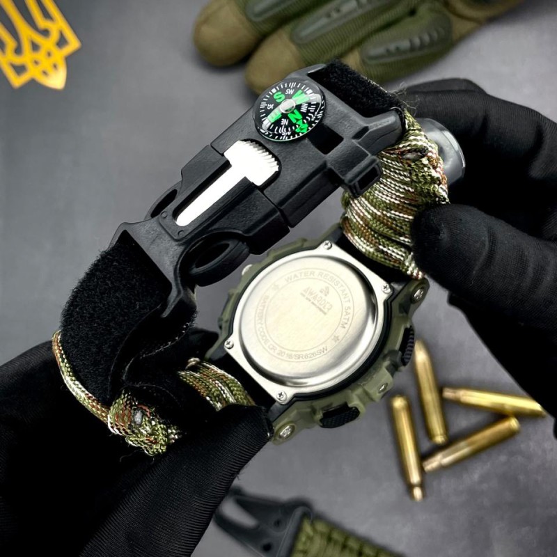Мужские тактические часы Awarder 005P Тризуб золото Camo Green с паракордовым ремешком и компасом