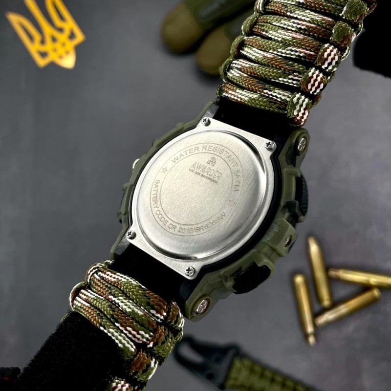 Мужские тактические часы Awarder 005P Тризуб золото Camo Green с паракордовым ремешком и компасом