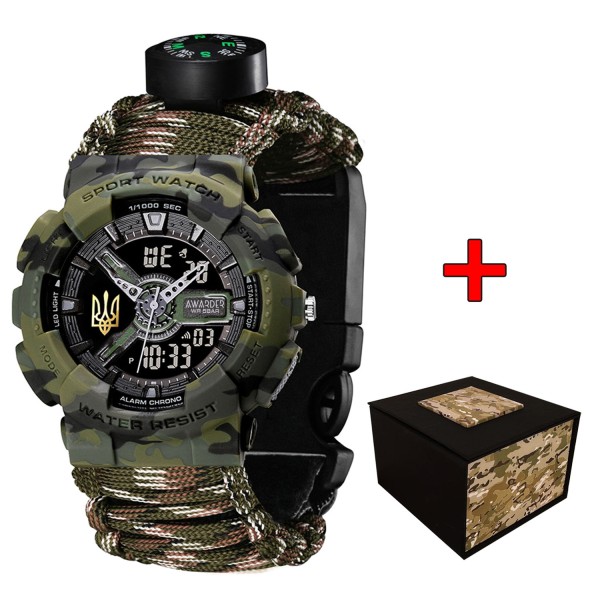 Мужские тактические часы Awarder 005P Тризуб золото Camo Green с паракордовым ремешком и компасом