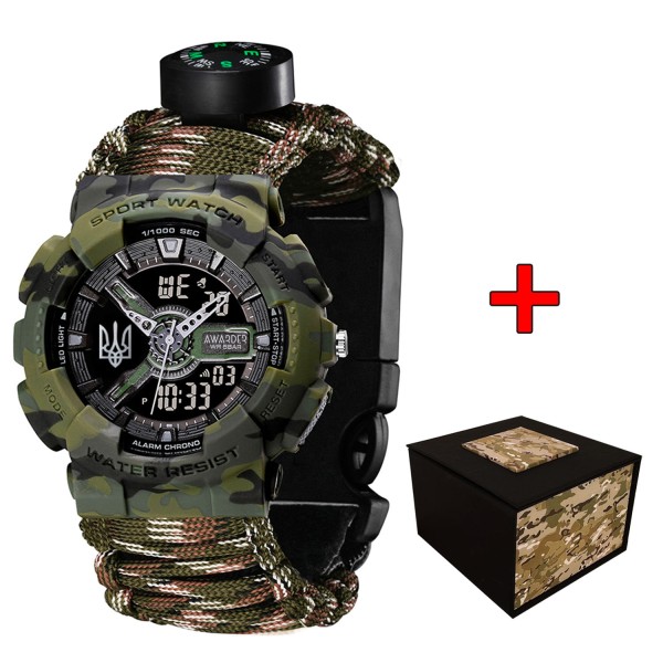 Мужские тактические часы Awarder 005P Тризуб Camo Green с паракордовым ремешком и компасом