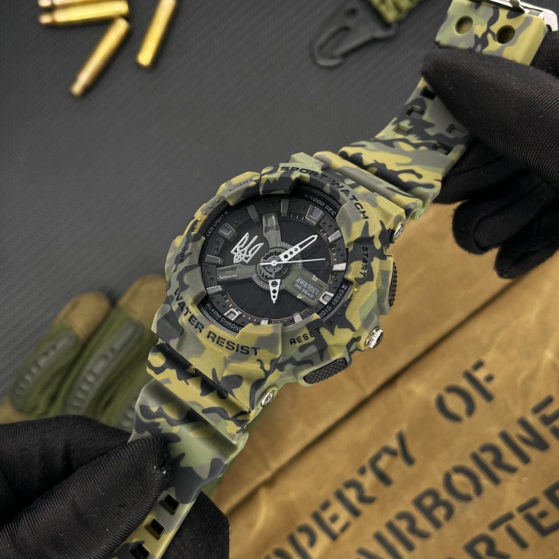 Часы наручные Awarder 005 Тризуб серебро Camo Green — тактические мужские часы 5 ATM