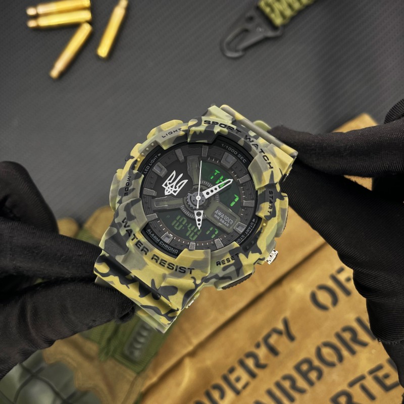 Часы наручные Awarder 005 Тризуб серебро Camo Green — тактические мужские часы 5 ATM