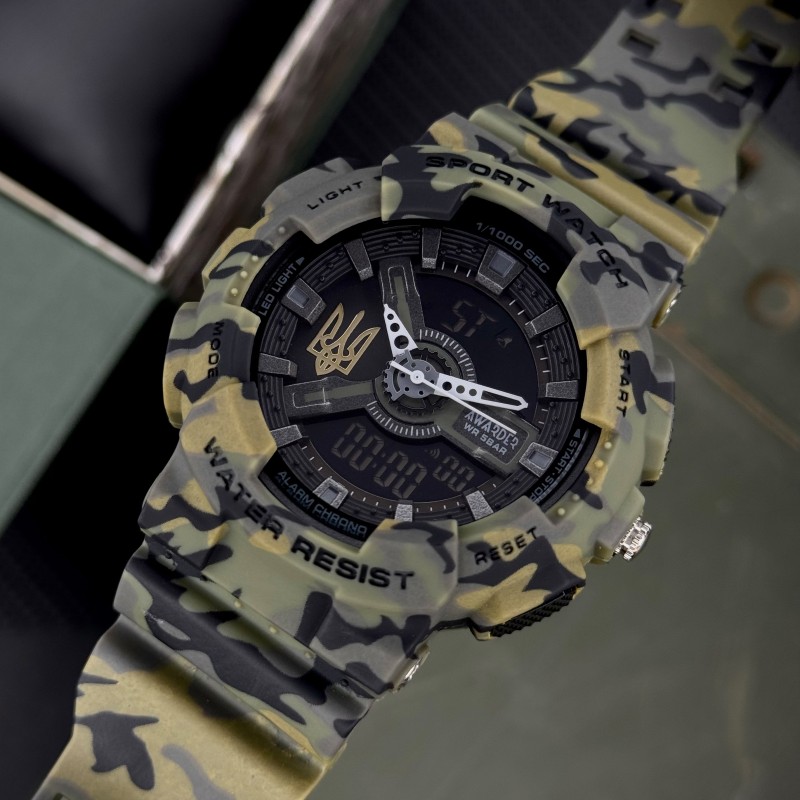 Мужские тактические часы Awarder 005 Тризуб золото Camo Green с комбинированным циферблатом