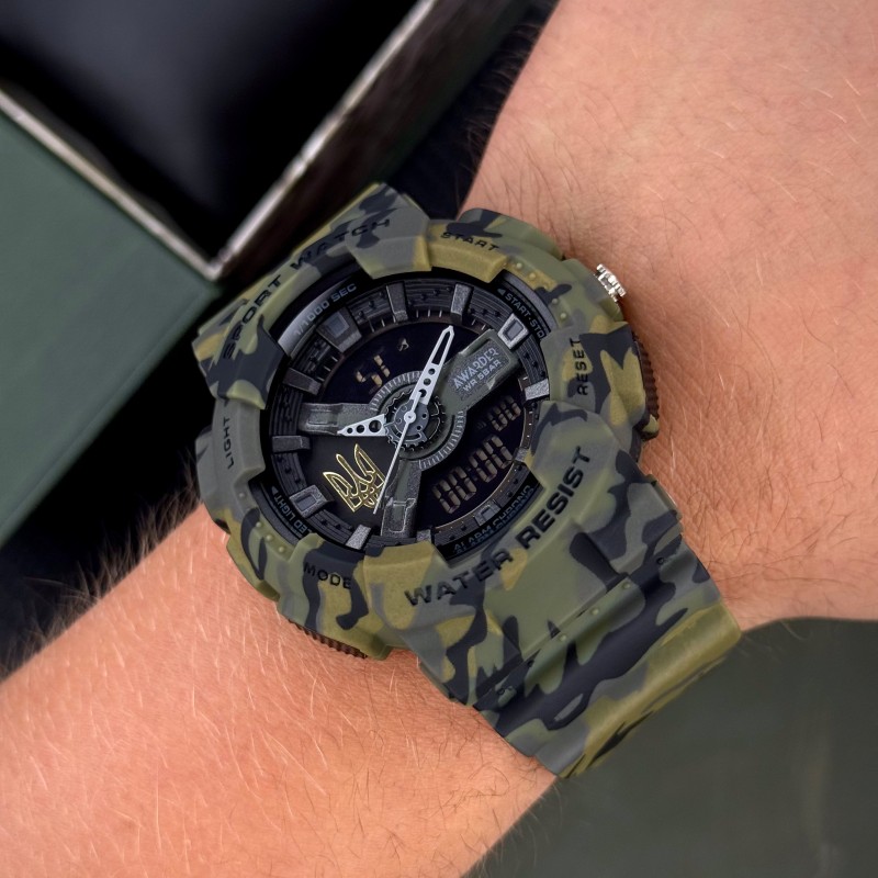 Мужские тактические часы Awarder 005 Тризуб золото Camo Green с комбинированным циферблатом