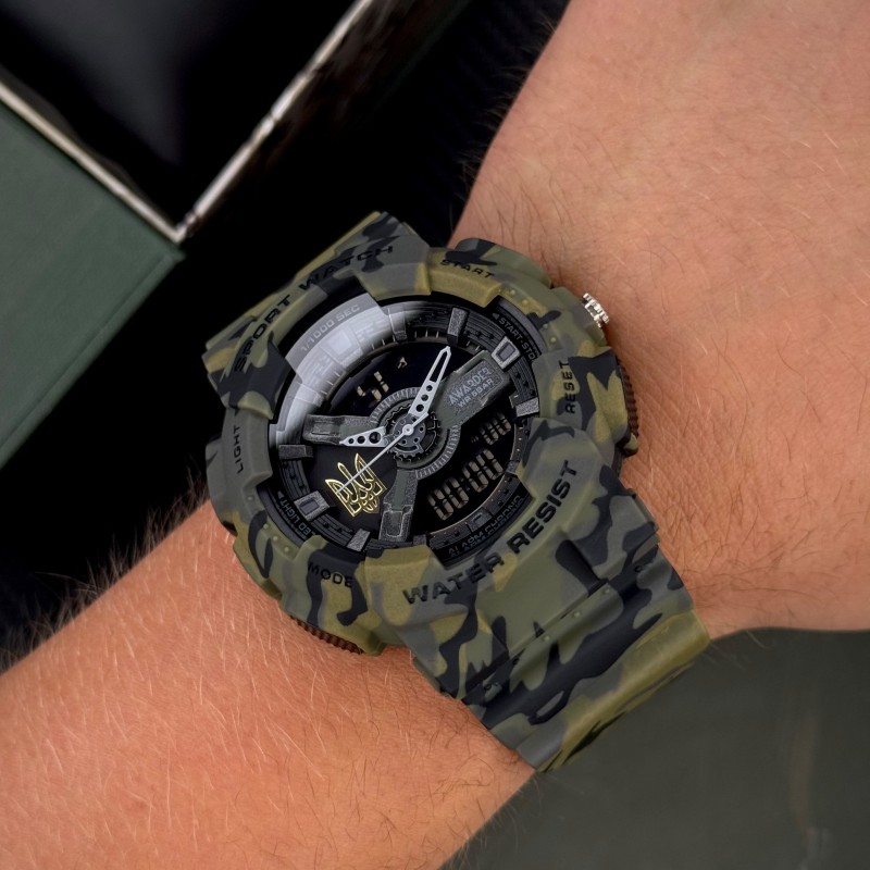 Мужские тактические часы Awarder 005 Тризуб золото Camo Green с комбинированным циферблатом