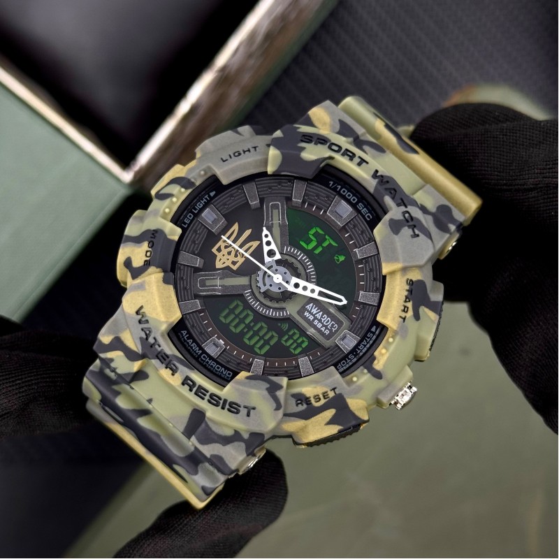 Мужские тактические часы Awarder 005 Тризуб золото Camo Green с комбинированным циферблатом