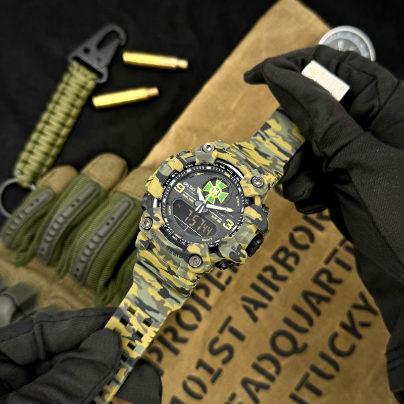 Чоловічий тактичний годинник Awarder 001 ДПС Army Green з комбінованим циферблатом та захистом 5 ATM