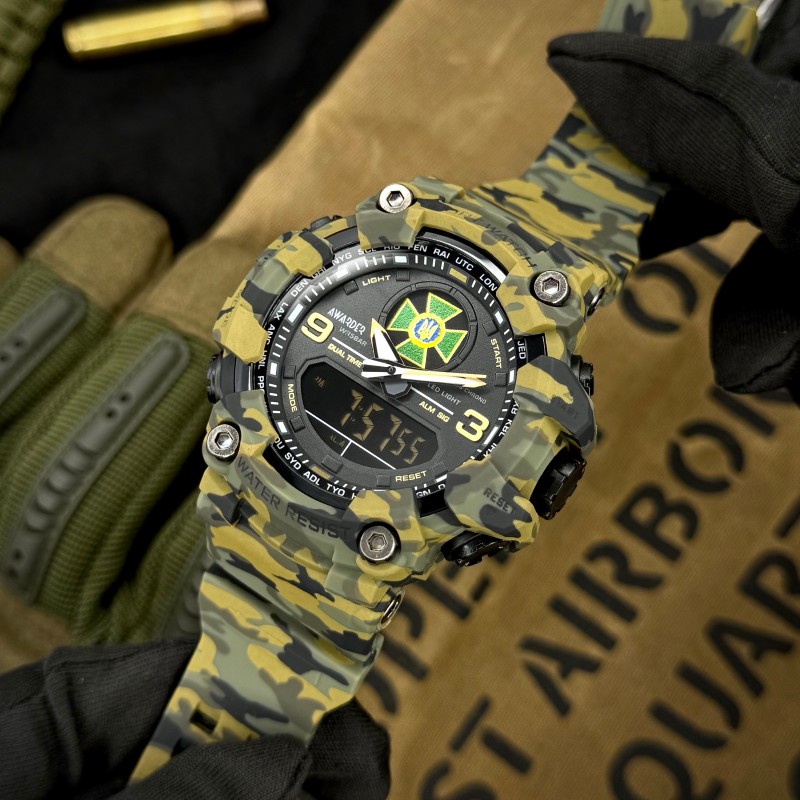 Чоловічий тактичний годинник Awarder 001 ДПС Army Green з комбінованим циферблатом та захистом 5 ATM