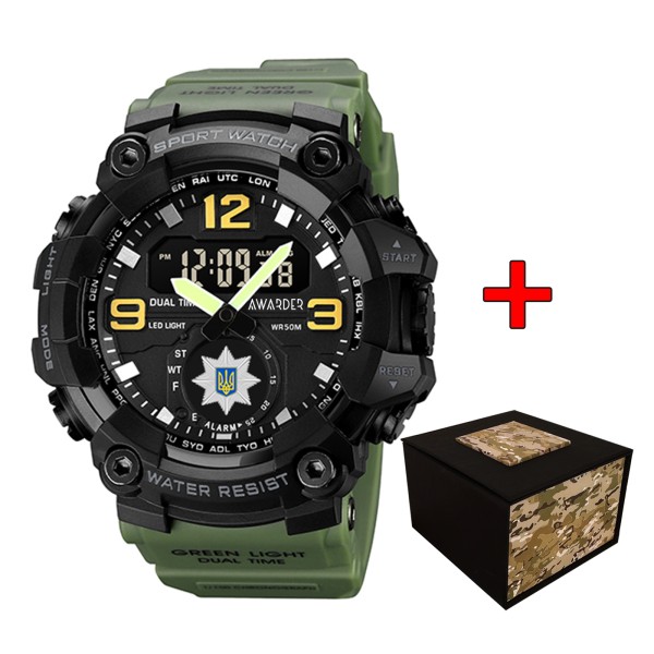Мужские тактические часы Awarder 003 Полиция Army Green-Black с двойным циферблатом