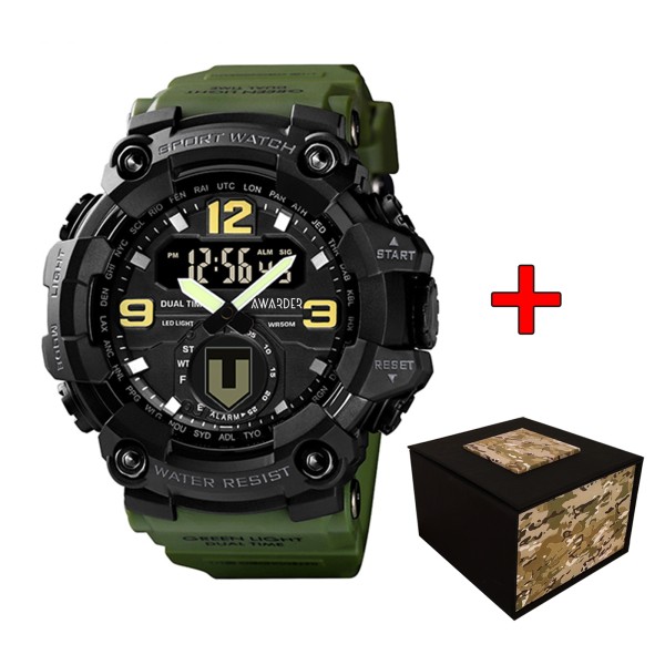Годинник наручний Awarder 004 ТРО Army Green-Black тактичний з комбінованим циферблатом та захистом 5 ATM