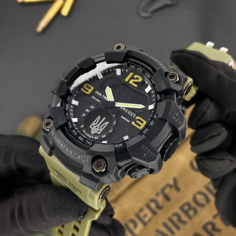 Мужские тактические часы Awarder 004 Тризуб Army Green-Black с комбинированным циферблатом