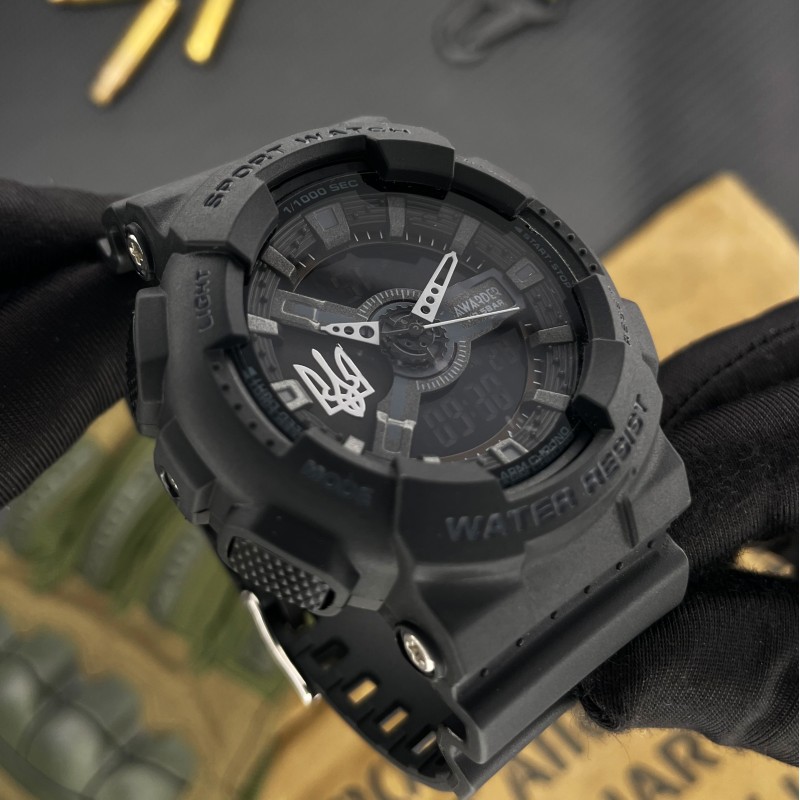 Мужские тактические часы Awarder 005 Тризуб Black с комбинированным циферблатом и защитой 5 ATM