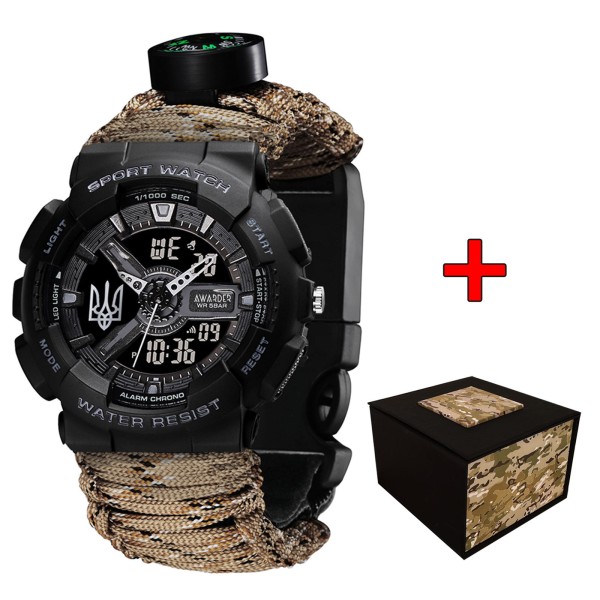 Мужские тактические часы Awarder 005P Тризуб Black с паракордовым ремешком Desert Camo и компасом