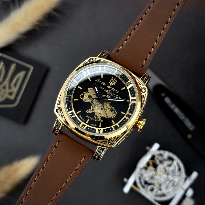 Жіночий годинник Awarder 021 Де би не була Gold-Black-Brown з автопідзаводом та шкіряним ремінцем