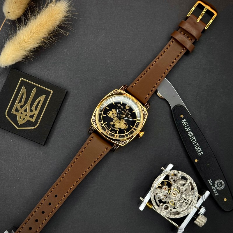 Жіночий годинник Awarder 021 Де би не була Gold-Black-Brown з автопідзаводом та шкіряним ремінцем
