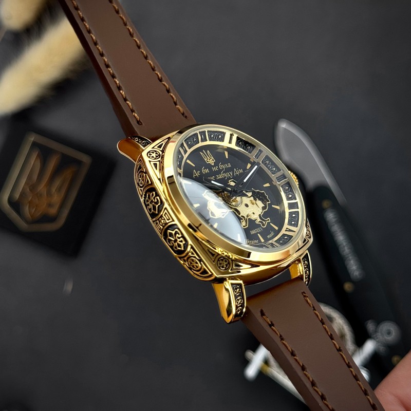 Жіночий годинник Awarder 021 Де би не була Gold-Black-Brown з автопідзаводом та шкіряним ремінцем