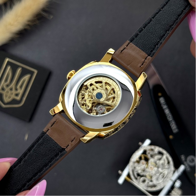 Жіночий годинник Awarder 021 Де би не була Gold-Black-Brown з автопідзаводом та шкіряним ремінцем