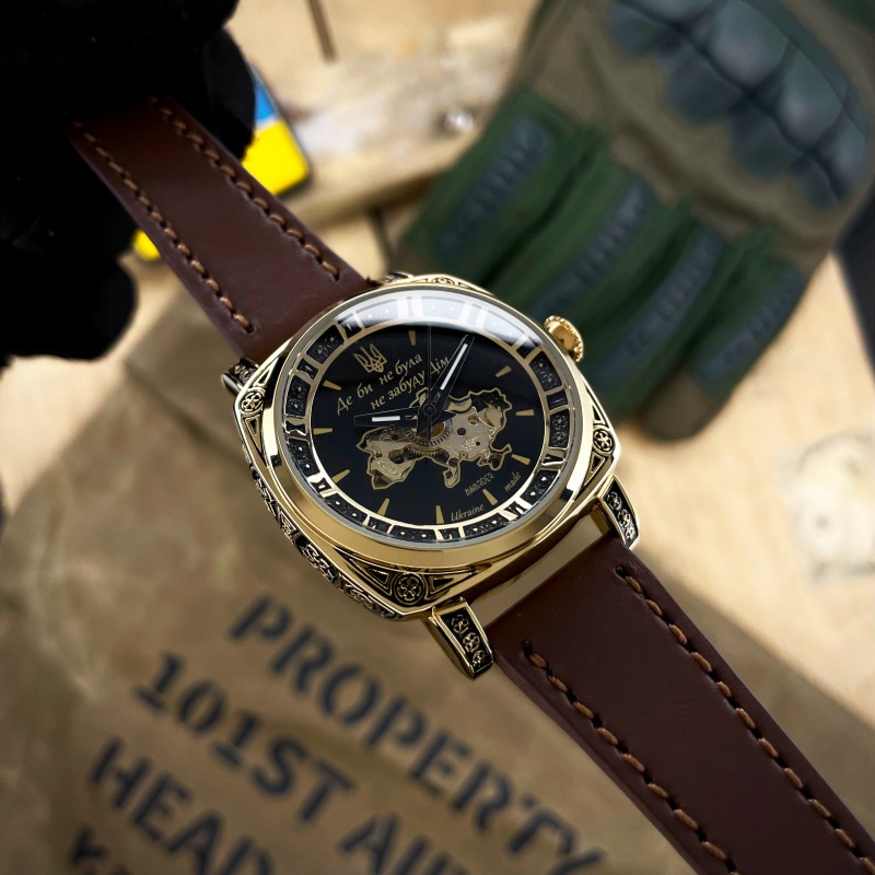 Жіночий годинник Awarder 021 Де би не була Gold-Black-Brown з автопідзаводом та шкіряним ремінцем