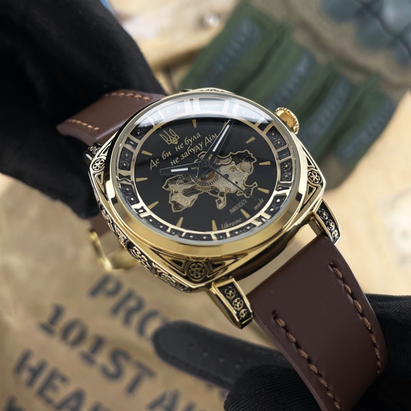 Жіночий годинник Awarder 021 Де би не була Gold-Black-Brown з автопідзаводом та шкіряним ремінцем