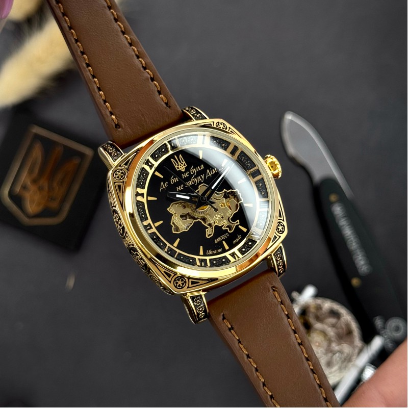 Жіночий годинник Awarder 021 Де би не була Gold-Black-Brown з автопідзаводом та шкіряним ремінцем