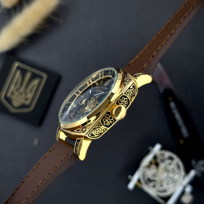 Жіночий годинник Awarder 021 Де би не була Gold-Black-Brown з автопідзаводом та шкіряним ремінцем