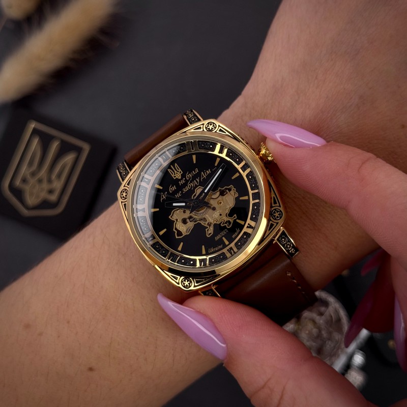 Жіночий годинник Awarder 021 Де би не була Gold-Black-Brown з автопідзаводом та шкіряним ремінцем