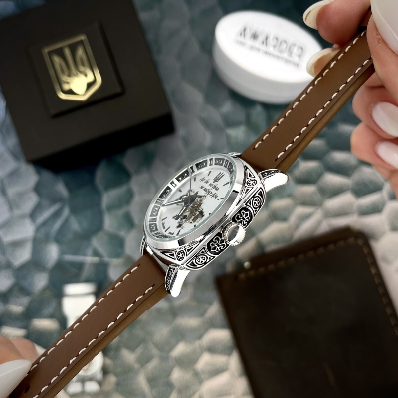 Женские часы Awarder 021 Де би не була Silver-Silver-Brown с автоподзаводом и кожаным ремешком