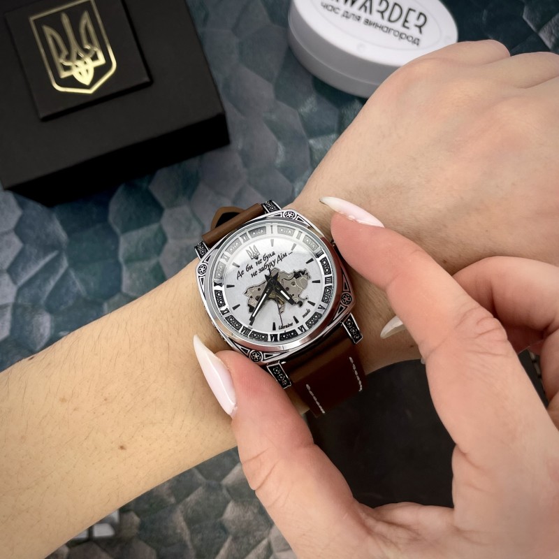Женские часы Awarder 021 Де би не була Silver-Silver-Brown с автоподзаводом и кожаным ремешком