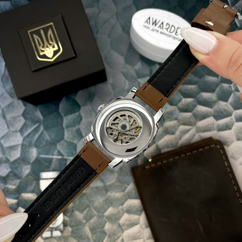 Женские часы Awarder 021 Де би не була Silver-Silver-Brown с автоподзаводом и кожаным ремешком