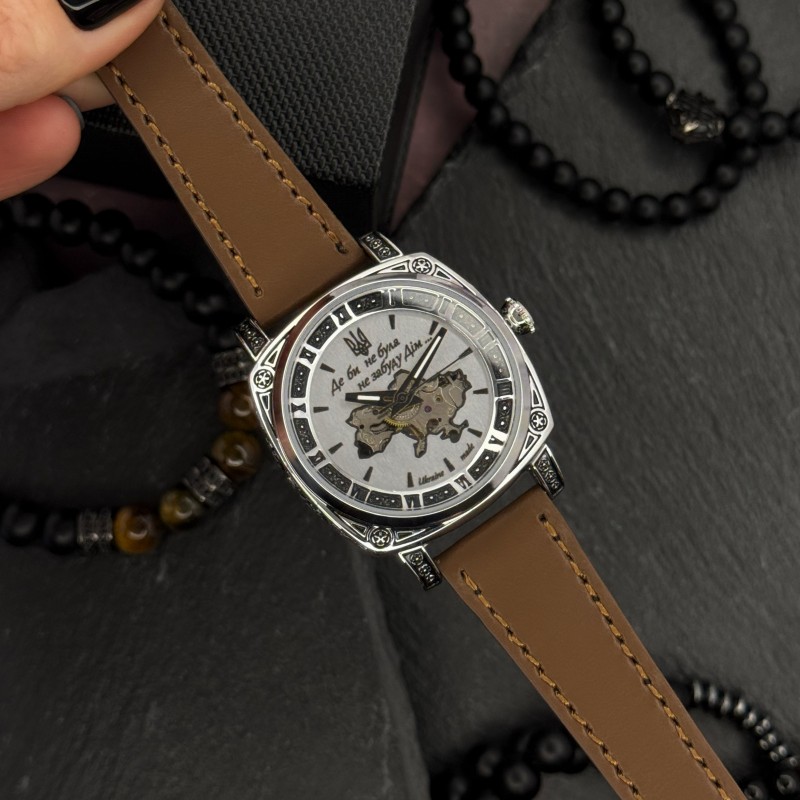 Женские часы Awarder 021 Де би не була Silver-Silver-Brown с автоподзаводом и кожаным ремешком