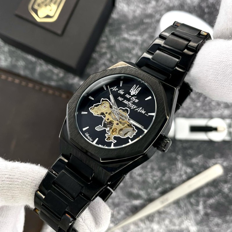 Чоловічий механічний годинник Awarder 026 Octagon All Black з автопідзаводом та сталевим браслетом