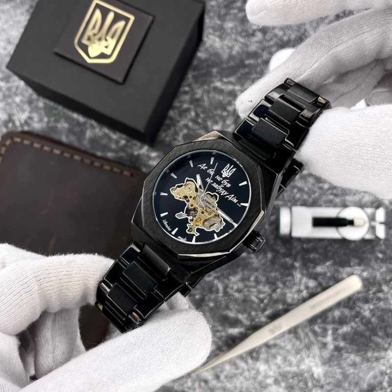 Чоловічий механічний годинник Awarder 026 Octagon All Black з автопідзаводом та сталевим браслетом
