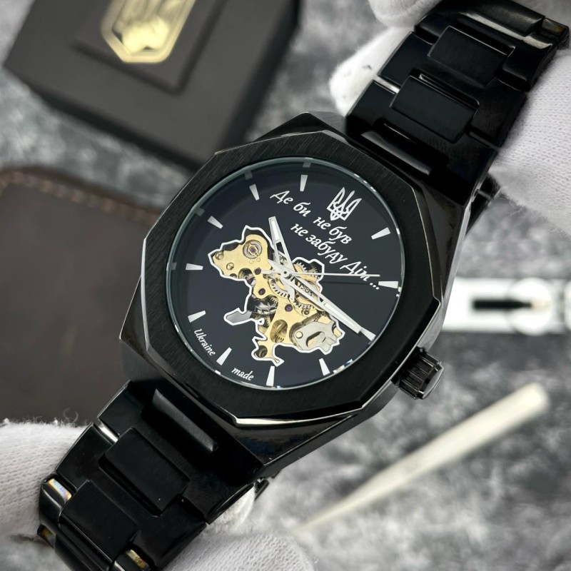 Чоловічий механічний годинник Awarder 026 Octagon All Black з автопідзаводом та сталевим браслетом