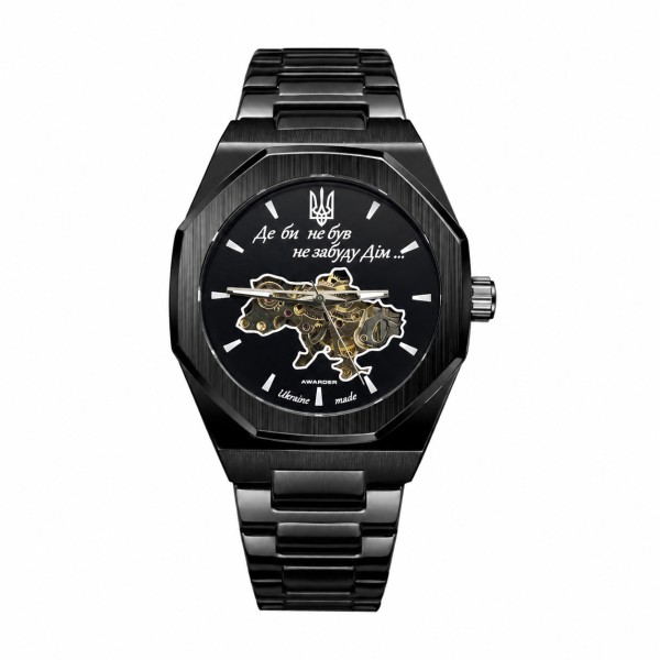 Чоловічий механічний годинник Awarder 026 Octagon All Black з автопідзаводом та сталевим браслетом
