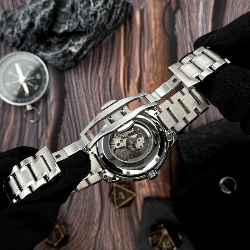 Чоловічий механічний годинник Awarder 022-3D Де би не був Silver-White Steel з автопідзаводом та гравіюванням