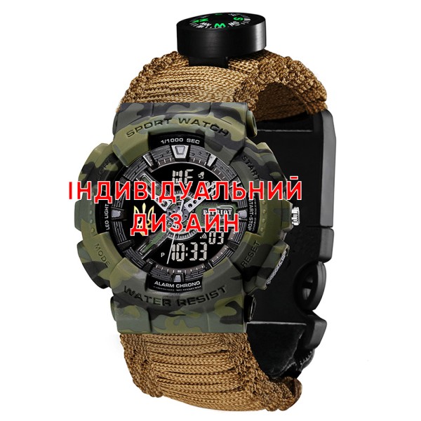 Чоловічий тактичний годинник Awarder 005P Camo Green KH з паракордовим ремінцем та компасом