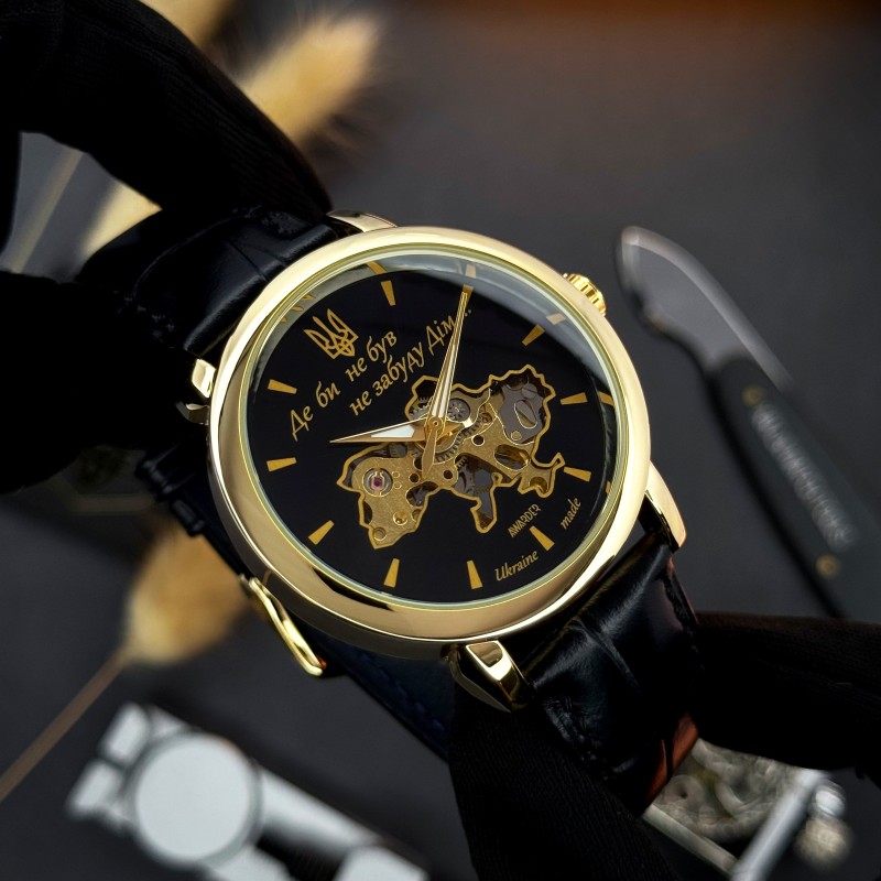 Мужские механические часы Awarder 022 Gold-Black Mechanic с гравировкой Де би не був