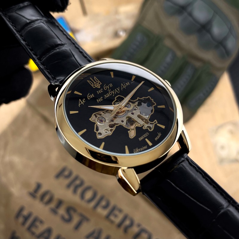 Мужские механические часы Awarder 022 Gold-Black Mechanic с гравировкой Де би не був
