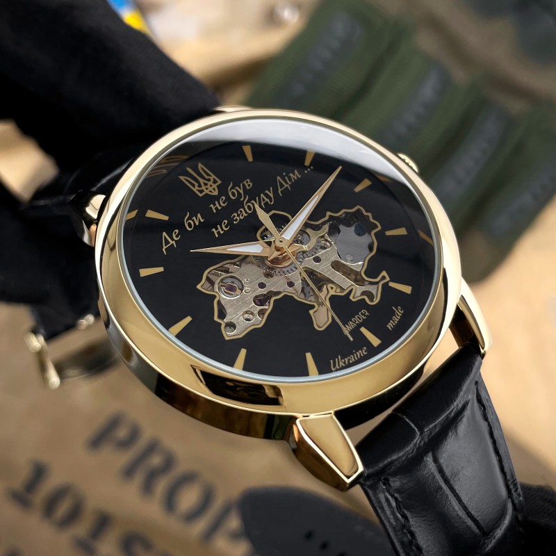 Мужские механические часы Awarder 022 Gold-Black Mechanic с гравировкой Де би не був