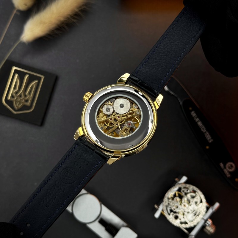 Мужские механические часы Awarder 022 Gold-Black Mechanic с гравировкой Де би не був