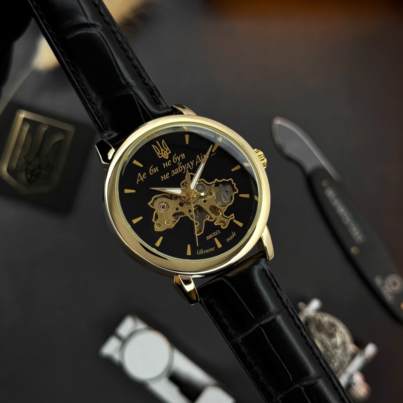 Мужские механические часы Awarder 022 Gold-Black Mechanic с гравировкой Де би не був