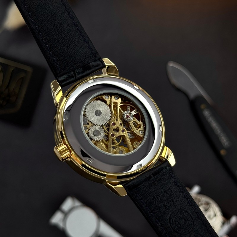Мужские механические часы Awarder 022 Gold-Black Mechanic с гравировкой Де би не був