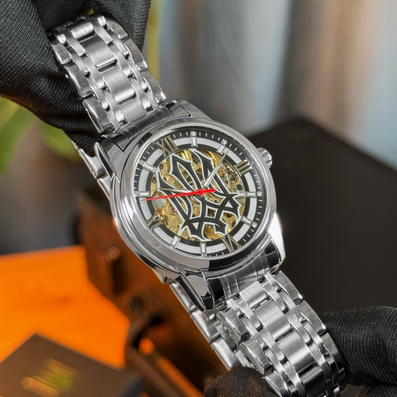 Мужские механические часы Awarder 025 Sharp Silver Black с автоподзаводом и стальным браслетом