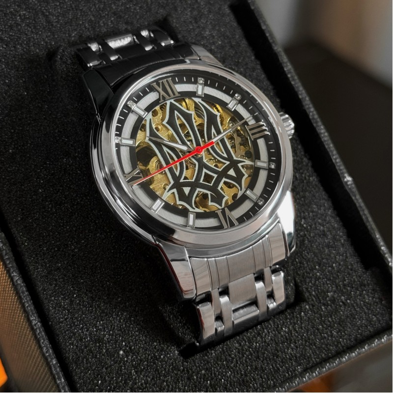 Мужские механические часы Awarder 025 Sharp Silver Black с автоподзаводом и стальным браслетом