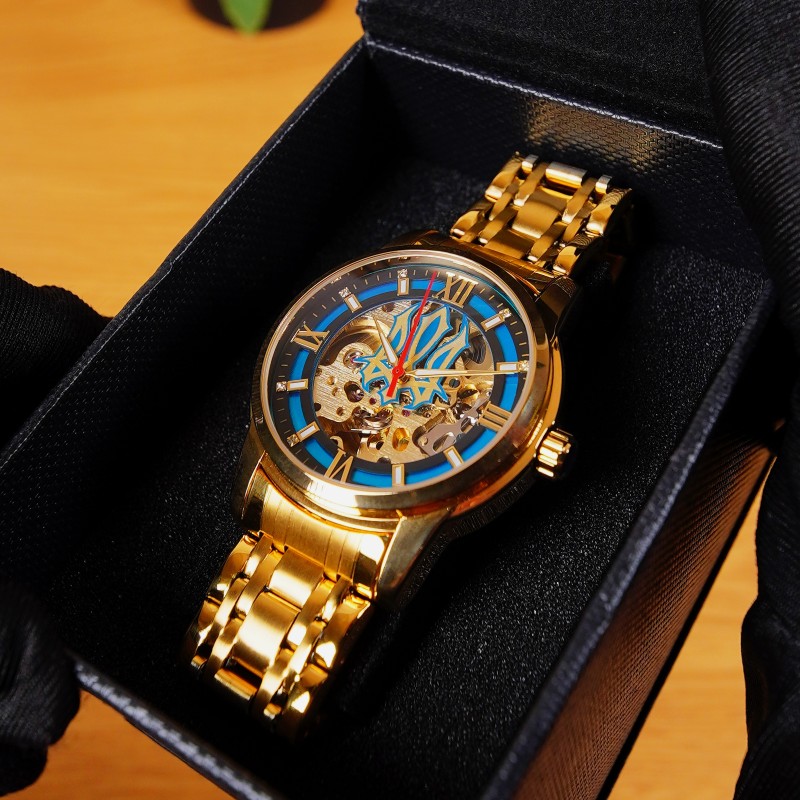 Чоловічий механічний годинник Awarder 025 Sharp Gold Blue з автопідзаводом та сталевим браслетом