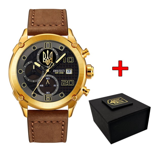 Мужские наручные часы Awarder 016 Gold-Black-Brown с Трезубцем, хронограф, кожаный ремешок