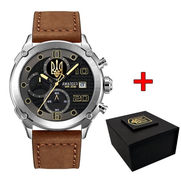 Мужские часы Awarder 016 Silver-Black-Brown с гербом Украины Трезубец и хронографом
